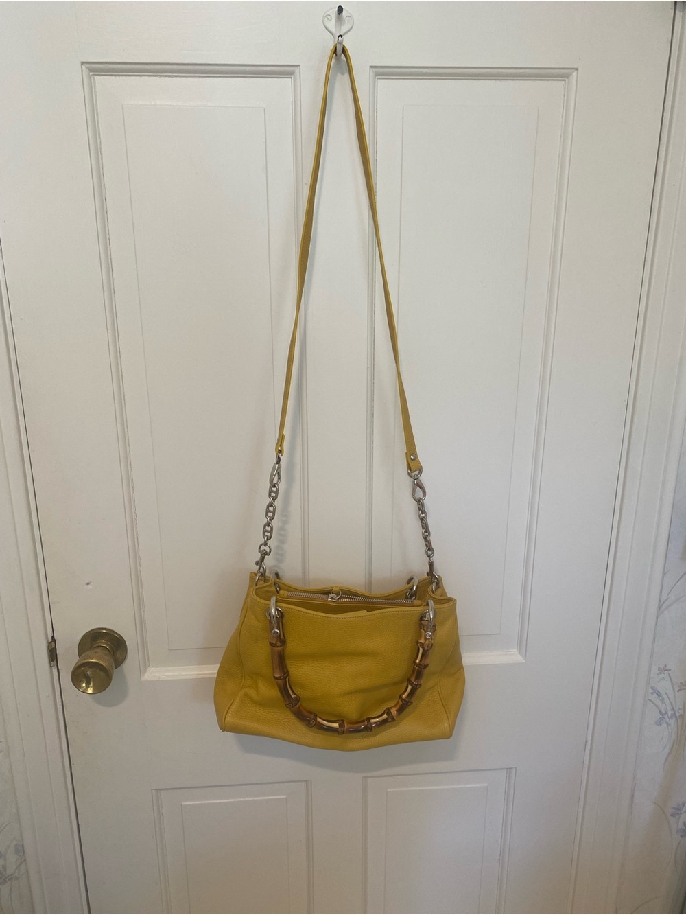 Una Alla Volta Yellow Leather Bamboo-Handle Women’s Tote detach crossbody strap